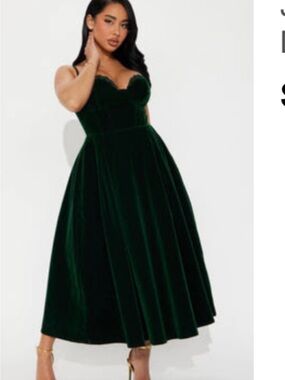Fashion Nova Dark Green Velvet Bustier Midi Dress
